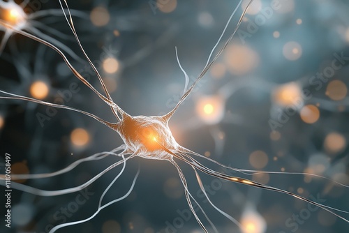 Neurons transmitting signals in a vibrant and dynamic neural network under microscopic view