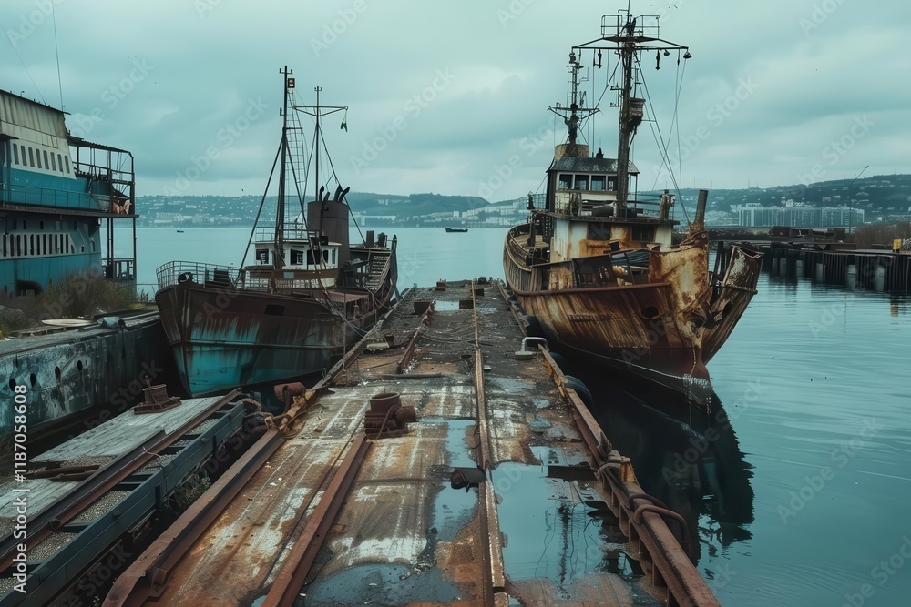 Fototapeta premium Two rusted ships docked beside a weathered pier, reflecting on calm waters under a cloudy sky.