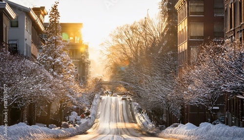seattle street after a winter snow fall intentional back lighting and lens flare