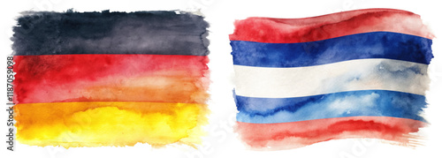 Watercolor flags, Germany and Thailand, vibrant colors, artistic representation, cultural symbols, creative design.