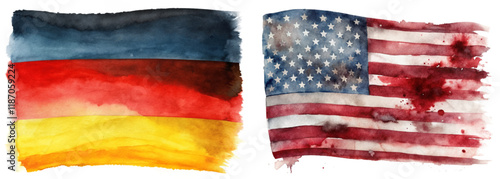 Watercolor flags, Germany and USA, vibrant colors, artistic representation, cultural symbols, patriotic themes.