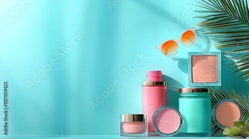 Summer-Themed Cosmetic Display Featuring Exotic Tropical Leaves and Vibrant Colors. photo