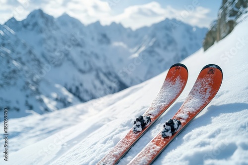 skis leaning against a snowy mountain slope. free copy space. photo