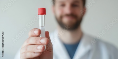 Diabetes drug. Hand holding a GLP-1 therapy test tube with a red cap and labeled white sleeve on a light background. Test tube with a label on the side.