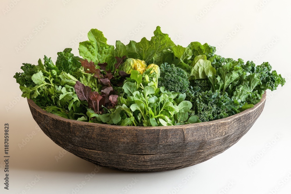 Fototapeta premium A wooden bowl overflowing with a vibrant mix of fresh, leafy greens and vegetables.