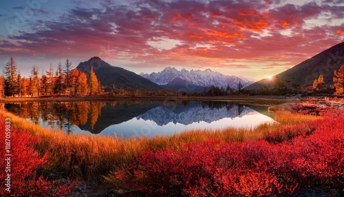 red sky and mirror like lake on sunset with red coloration growth on foreground altai mountains highland nature autumn landscape image photo