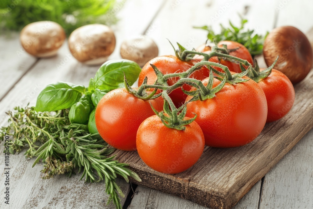 Fresh ripe tomatoes on the vine with mushrooms and herbs on a rustic wooden board. Fresh ripe tomatoes on the vine with mushrooms and herbs on a rustic wooden board.