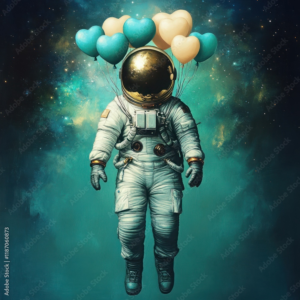 Fototapeta premium Astronaut Floating in Space Surrounded by Colorful Heart-Shaped Balloons Against a Cosmic Background with Stars and Swirling Nebulae
