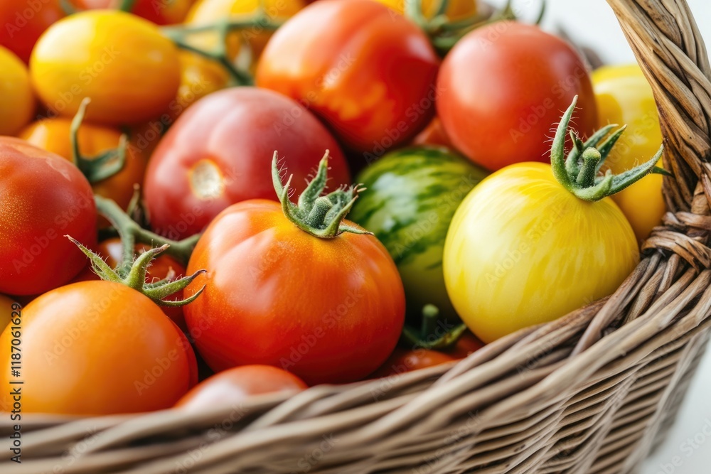 A wicker basket overflowing with a vibrant mix of red, yellow, and green tomatoes. A wicker basket overflowing with a vibrant mix of red, yellow, and green tomatoes.