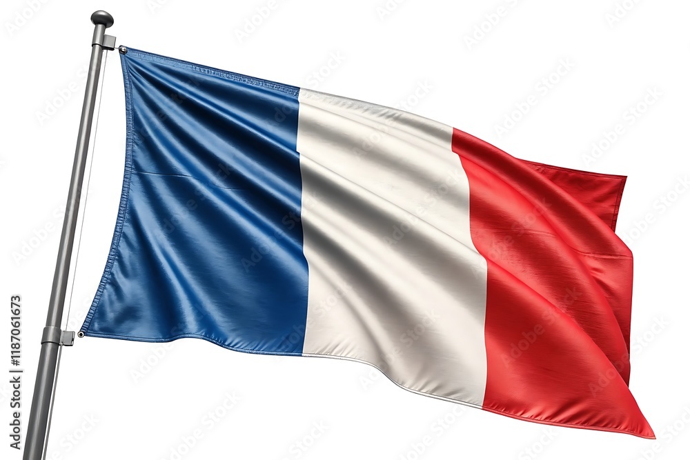 France flag waving hanging in pole on white background France flag waving hanging in pole on white background