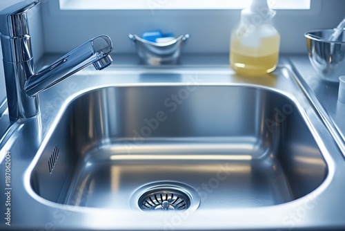 A shiny stainless steel surgical sink with sterilizing soap photo