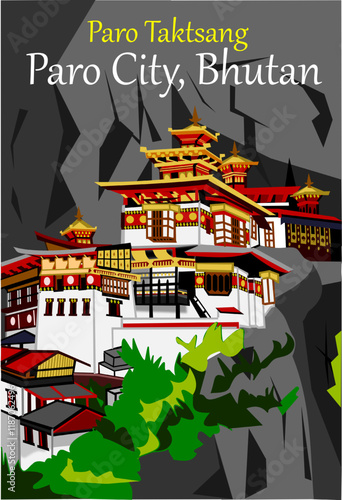 CIMAHI,INDONESIA-JANUARY, 09 2025-Cute Old Paro Taktsang Buddhist Temple from Paro Bhutan. Buildings vector illustration design cartoon for poster,collection,background,sticker,souvenir,fabric.