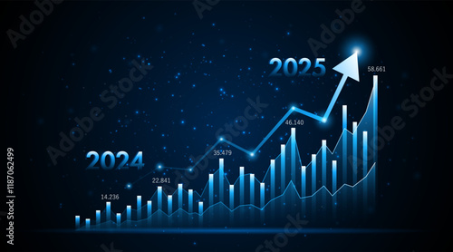 Arrow pointing upwards for future company growth in 2024 to 2025. Stock market graph with rising candles. Ideas for growing a profitable business or investment	
