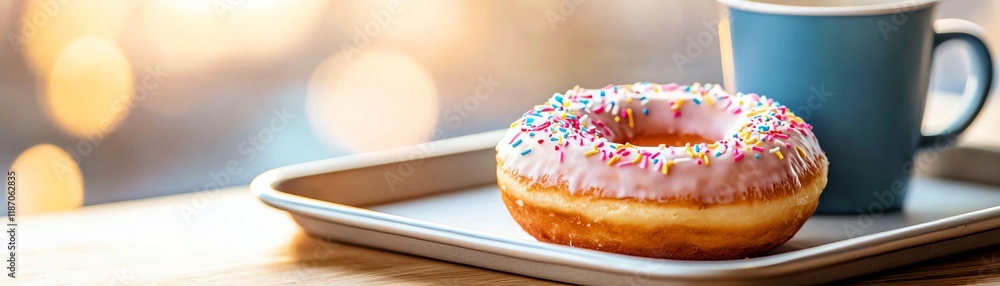 Delicious pink-frosted donut on a tray beside a warm cup of coffee, perfect for a cozy breakfast or snack moment. Delicious pink-frosted donut on a tray beside a warm cup of coffee, perfect for a cozy breakfast or snack moment.