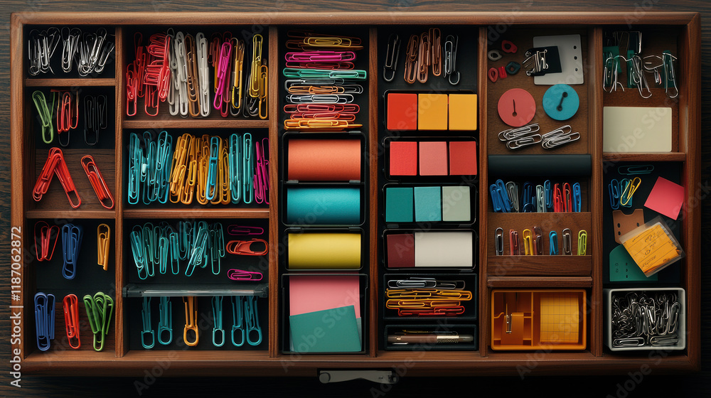 neatly arranged drawer filled with categorized office supplies, including colorful paper clips, sticky notes, and various stationery items, creating organized workspace neatly arranged drawer filled with categorized office supplies, including colorful paper clips, sticky notes, and various stationery items, creating organized workspace