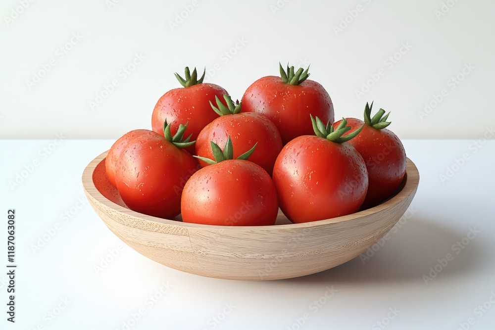 A wooden bowl filled with seven ripe, red tomatoes, glistening with water droplets. A wooden bowl filled with seven ripe, red tomatoes, glistening with water droplets.
