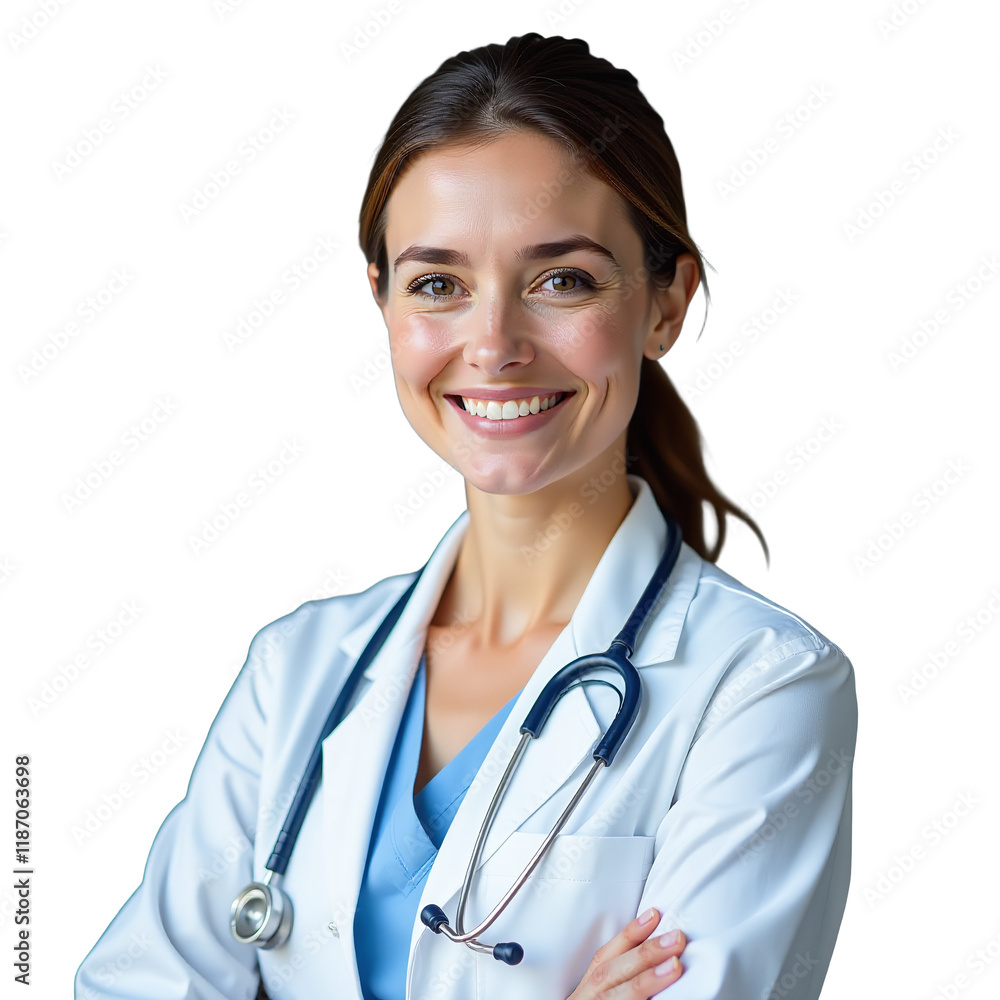 Portrait of Female Doctor in Medical Attire with Stethoscope, PNG Portrait of Female Doctor in Medical Attire with Stethoscope, PNG