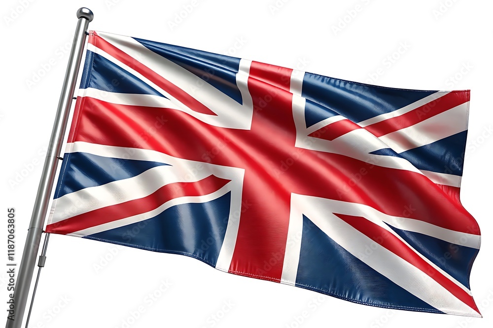 United Kingdom flag waving on pole isolated on white background United Kingdom flag waving on pole isolated on white background