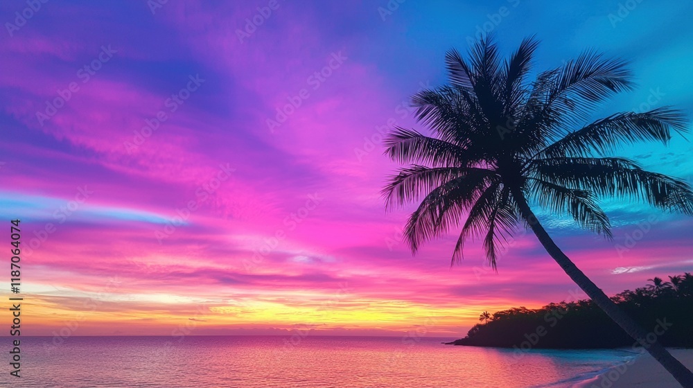 A colorful sunset over the ocean with palm trees silhouetted against the sky, capturing the beauty and tranquility of a tropical paradise. A colorful sunset over the ocean with palm trees silhouetted against the sky, capturing the beauty and tranquility of a tropical paradise.