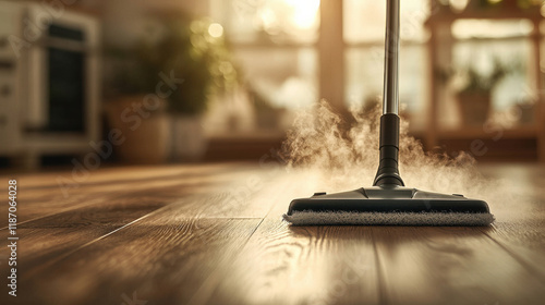 Wallpaper Mural steam cleaner is effectively sanitizing wooden floor, releasing steam and ensuring deep clean. warm light creates cozy atmosphere in room Torontodigital.ca