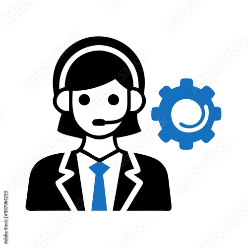 Customer support representative icon with headset and gear in flat design
