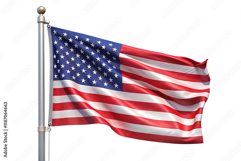 Fototapeta premium Waving American flag on pole isolated on white background