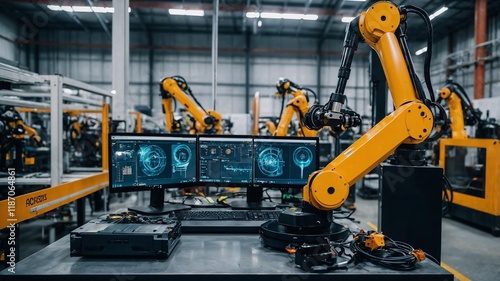 Engineer manager checking and controling automation robot arms machine in intelligent factory industrial on real time monitoring system software. Welding robotics and digital manufacturing operation