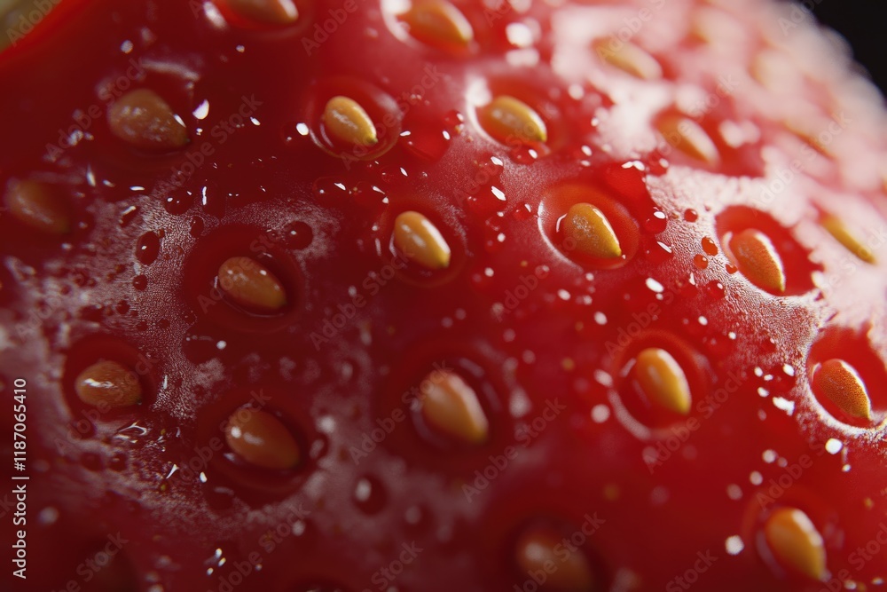 Extreme close-up of a strawberry's surface, showcasing its seeds and glistening texture. Extreme close-up of a strawberry's surface, showcasing its seeds and glistening texture.