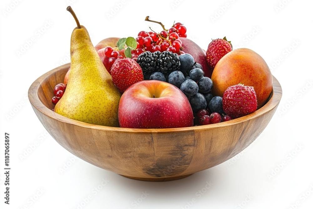 A wooden bowl brimming with an assortment of fresh, ripe fruits including pears, apples, peaches, strawberries, blueberries, blackberries, and red currants. A wooden bowl brimming with an assortment of fresh, ripe fruits including pears, apples, peaches, strawberries, blueberries, blackberries, and red currants.