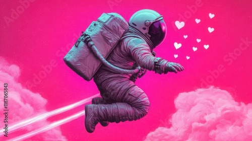 An Astronaut Floating Amid Hearts and Bright Pink Clouds, Symbolizing Love and Adventure in a Whimsical Space Fantasy Environment photo