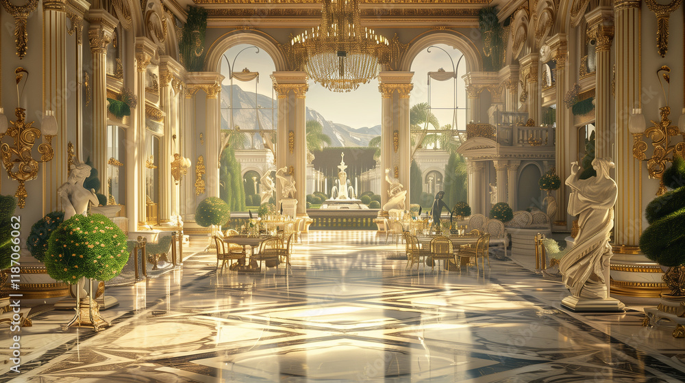 Fototapeta premium Luxury restaurant interior design featuring dining tables and chairs in a well-lit, elegant room with large windows and stylish architecture