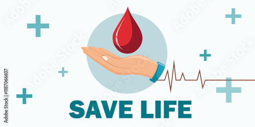 Banner Save life. Blood donation concept. Hand holding a drop of blood. Vector graphics.