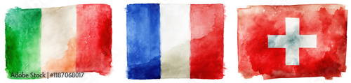 Watercolor flags, Italy France Switzerland, vibrant colors, artistic style, cultural representation, national symbols.