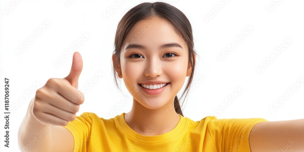 Positive Thumb Up from a Woman Against a White Background Positive Thumb Up from a Woman Against a White Background