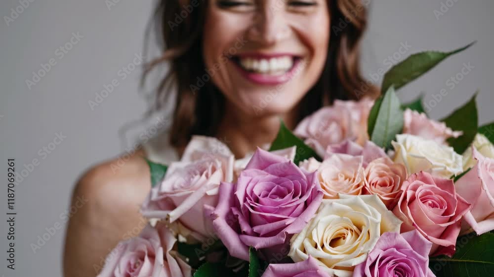 Happy bride with bouquet of roses closeup, woman and mother day celebration Happy bride with bouquet of roses closeup, woman and mother day celebration
