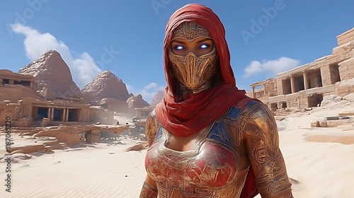 Woman in red veil and gold armor in desert. photo