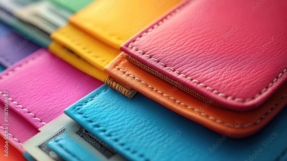 custom made wallpaper toronto digitalA Vibrant Arrangement of Colorful Leather Wallets Displayed Together, Showcasing Various Shades Including Pink, Blue, Yellow, and More for a Lively Visual Appeal