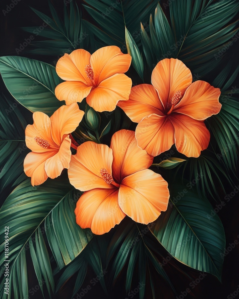 Obraz premium Four orange hibiscus flowers nestled in lush green tropical leaves.