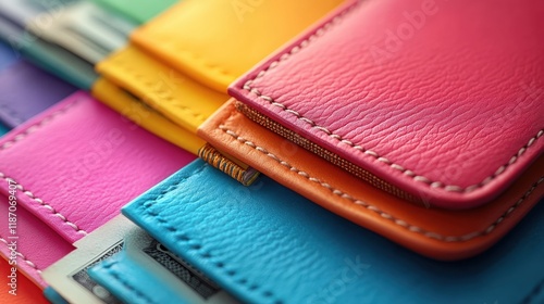 Wallpaper Mural A Vibrant Arrangement of Colorful Leather Wallets Displayed Together, Showcasing Various Shades Including Pink, Blue, Yellow, and More for a Lively Visual Appeal Torontodigital.ca