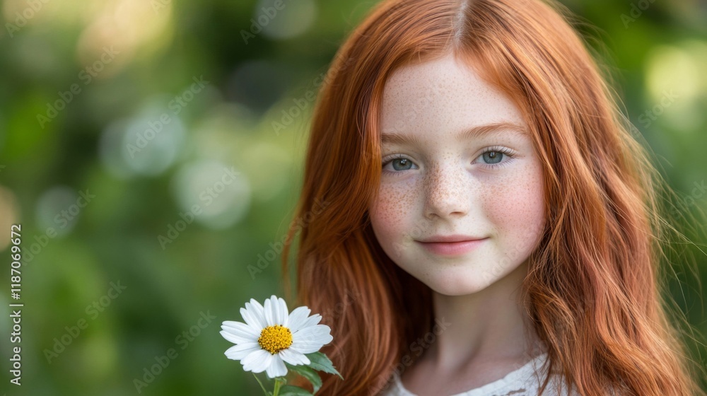 Red haired girl smiles holding a daisy flower Red haired girl smiles holding a daisy flower