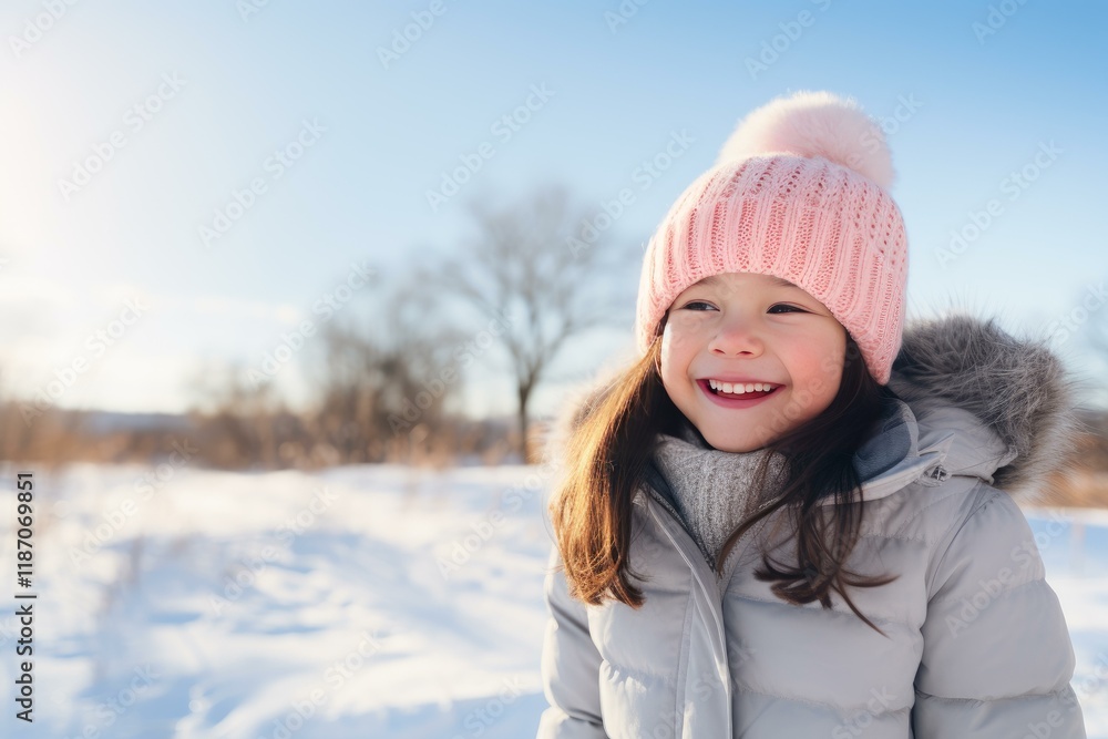 Happy child enjoys winter day in snowy landscape, wearing warm pink hat and grey down jacket Happy child enjoys winter day in snowy landscape, wearing warm pink hat and grey down jacket