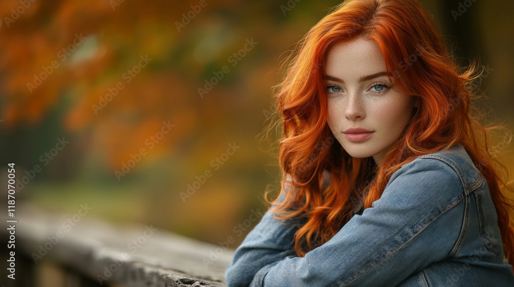 Fototapeta premium Red haired woman autumn outdoor portrait