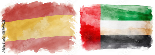 Watercolor flags, Spain and UAE, vibrant colors, artistic representation, cultural symbols, international relations, creative design.