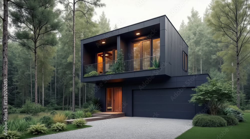Fototapeta premium modern dark-gray house verdant forest setting