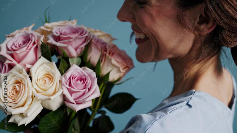 Happy bride with bouquet of roses closeup, woman and mother day celebration Happy bride with bouquet of roses closeup, woman and mother day celebration