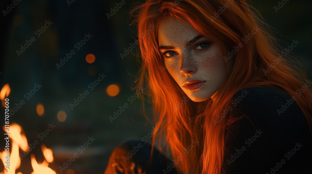 Red haired woman sits by a warm fire at night Red haired woman sits by a warm fire at night