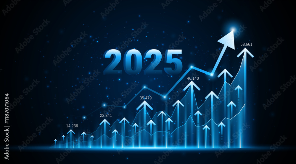Obraz premium Arrow pointing upwards for future company growth in 2025. Stock market graph with rising candles. Ideas for growing a profitable business or investment 
