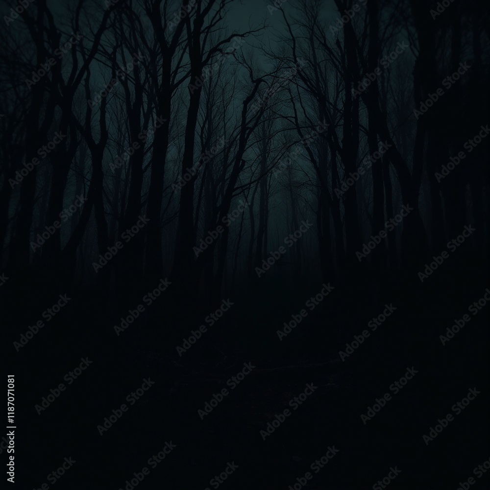 Mysterious Dark Forest Shrouded in Eerie Nighttime Shadows Mysterious Dark Forest Shrouded in Eerie Nighttime Shadows