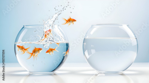 Two Glass Fishbowls on White Surface With Soft Blue Gradient Background | Round Fish Aquarium