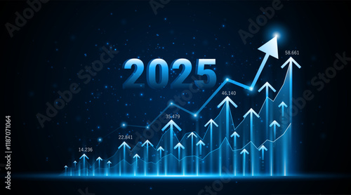 Arrow pointing upwards for future company growth in 2025. Stock market graph with rising candles. Ideas for growing a profitable business or investment	